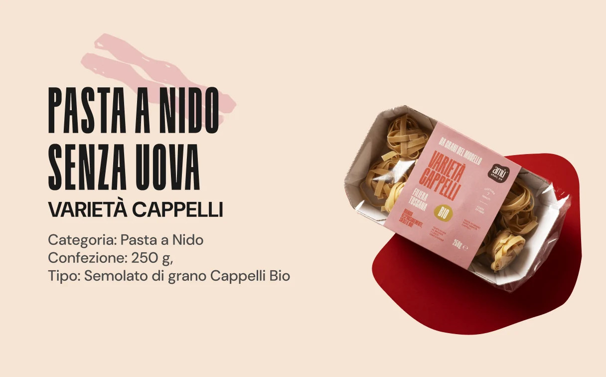 Product row: Rainer title, pasta illustration and pack on a colour puddle