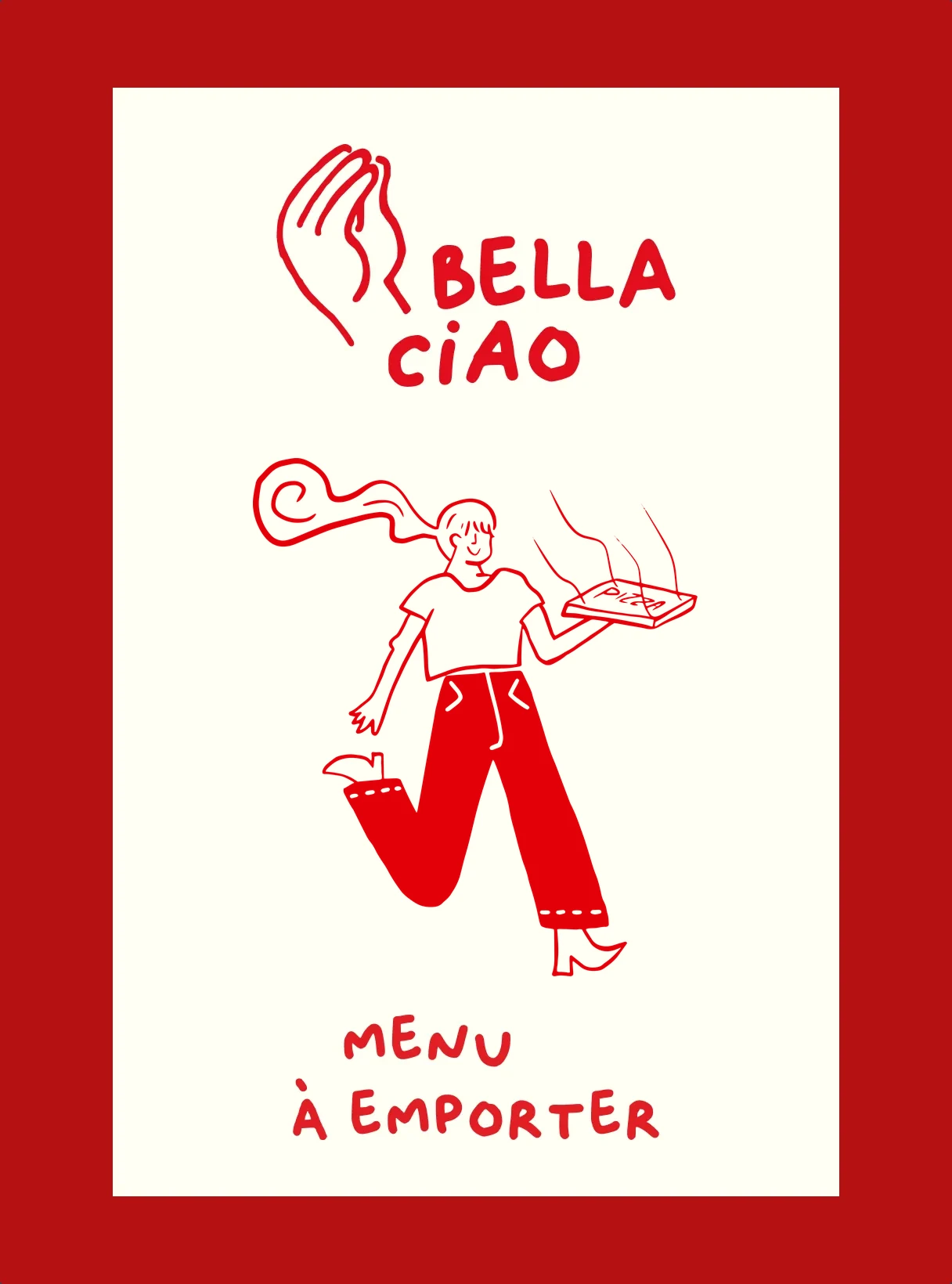 Takeaway menu cover: the Bella Ciao logo centred above the hand-drawn pizza server