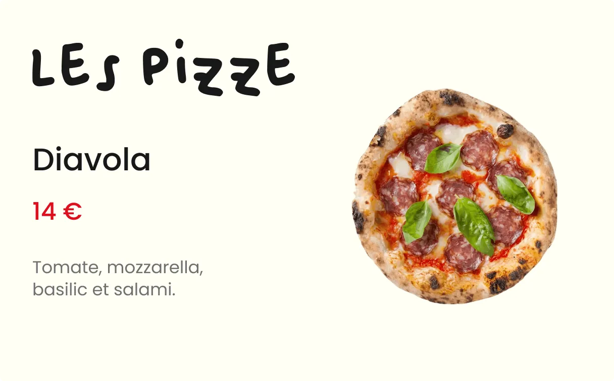 Menu detail: the Diavola at 14 euros, tomato, mozzarella, basil and salami