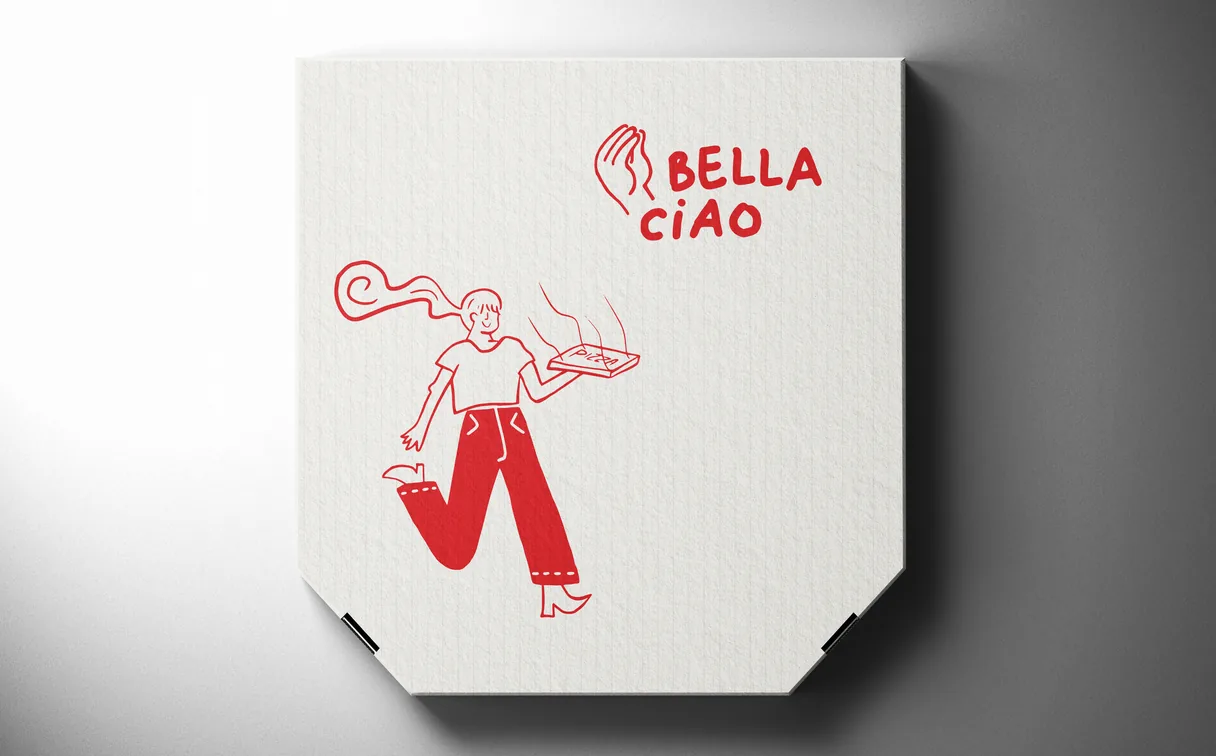 Pizza box design: the logo and the pizza server in red on white board
