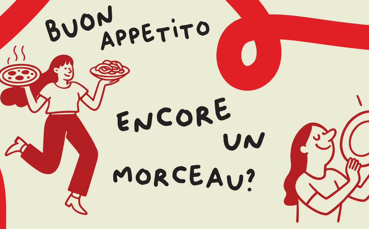 Vieux Nice wall panel: a waitress dancing with a pizza and a plate of pasta, Buon appetito, encore un morceau?