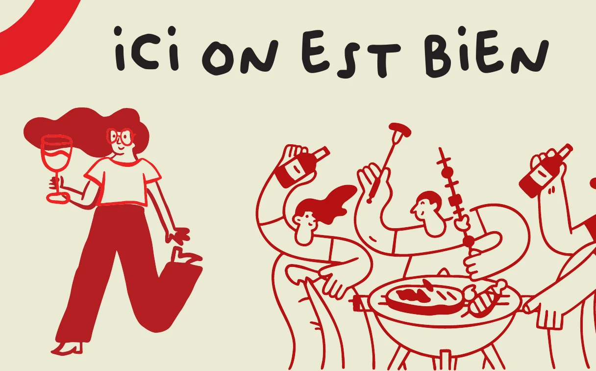Vieux Nice wall panel: Ici on est bien, a woman dancing with a glass of wine and friends around a grill