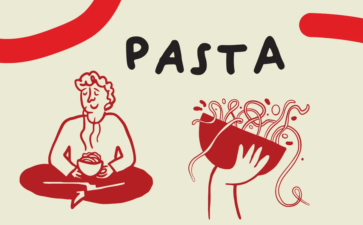 Vieux Nice wall panel: Pasta, a man savouring a bowl and a hand holding up a bowl of spaghetti