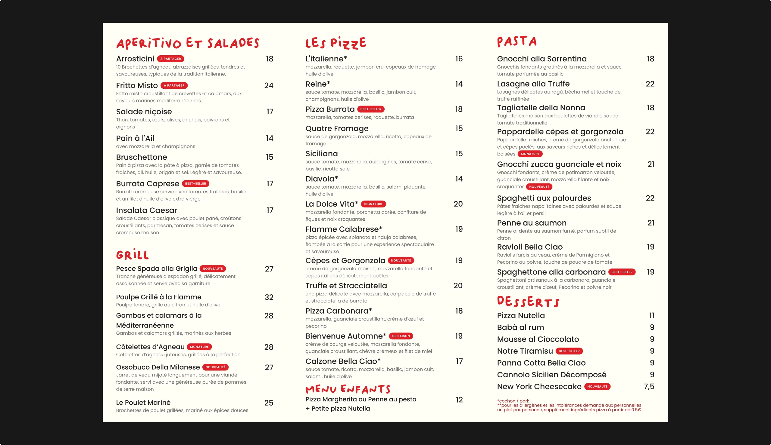 The complete Vieux Nice menu, September 2026: aperitivo, grill, pizza, pasta and desserts