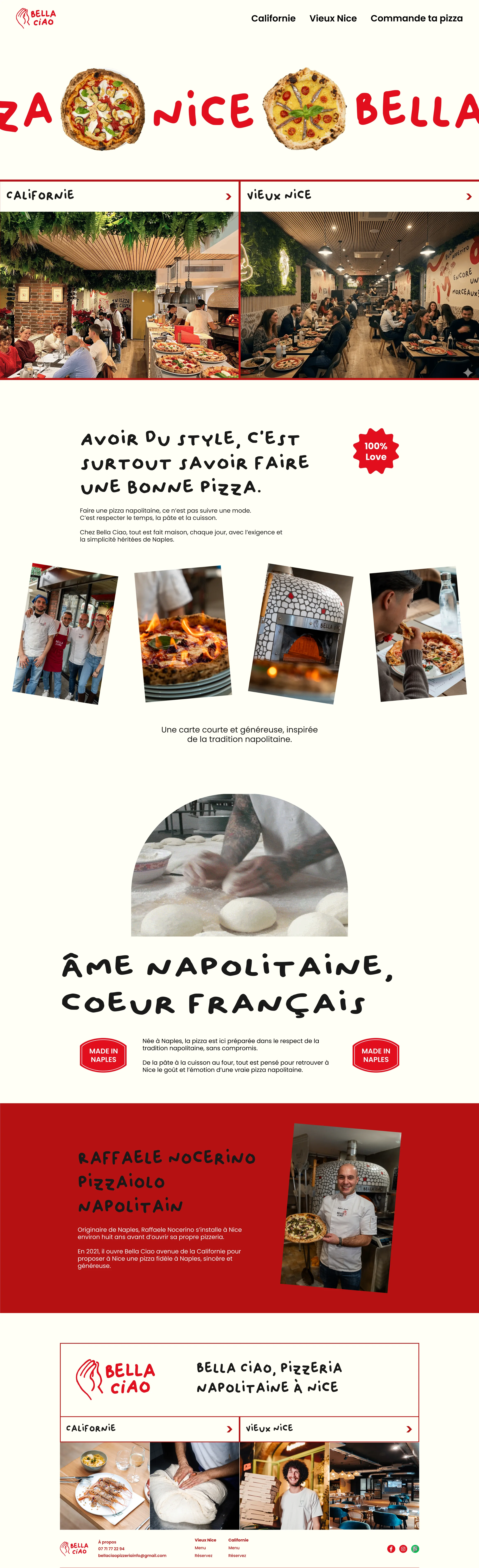 The bellaciaopizzeria.fr home page: the handwritten marquee, the two location cards, the story and the founder