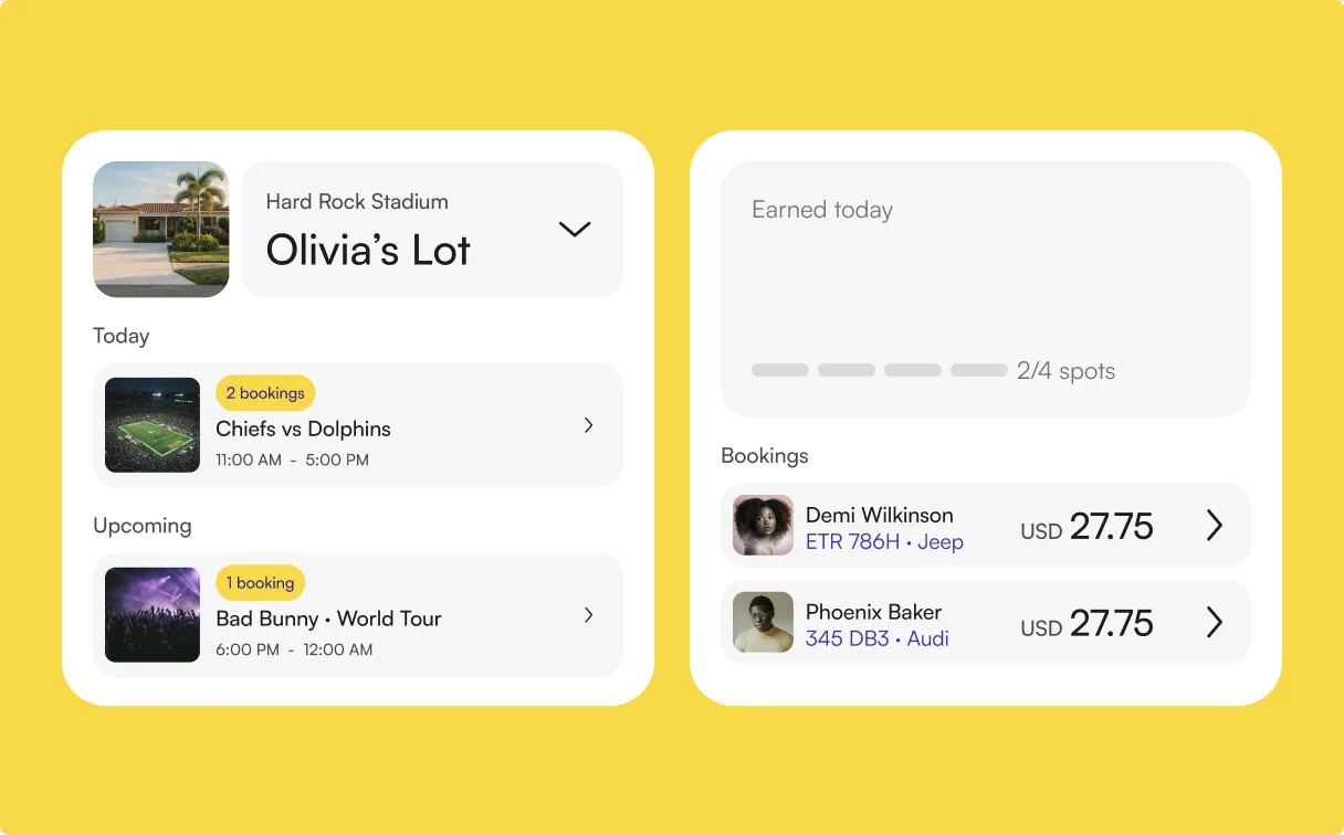 The host’s day: Olivia’s Lot, Chiefs vs Dolphins today, 55.50 dollars earned, two of four spots booked
