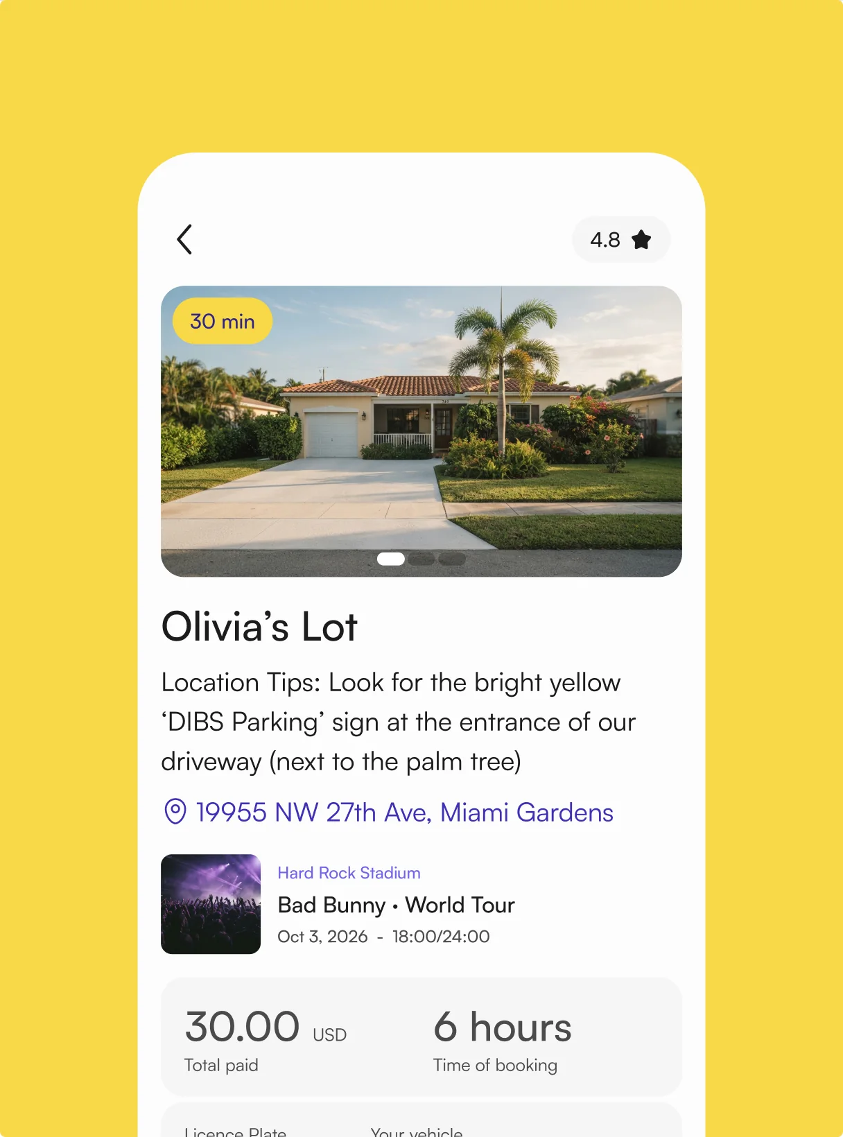 A driver’s booking at Olivia’s Lot for Bad Bunny, with the location tips the host wrote