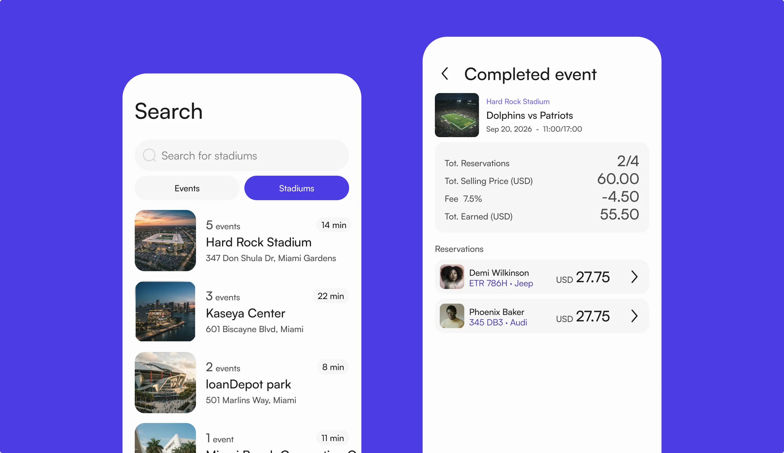 The driver searches stadiums by distance; the host reviews a completed event, two of four spots booked