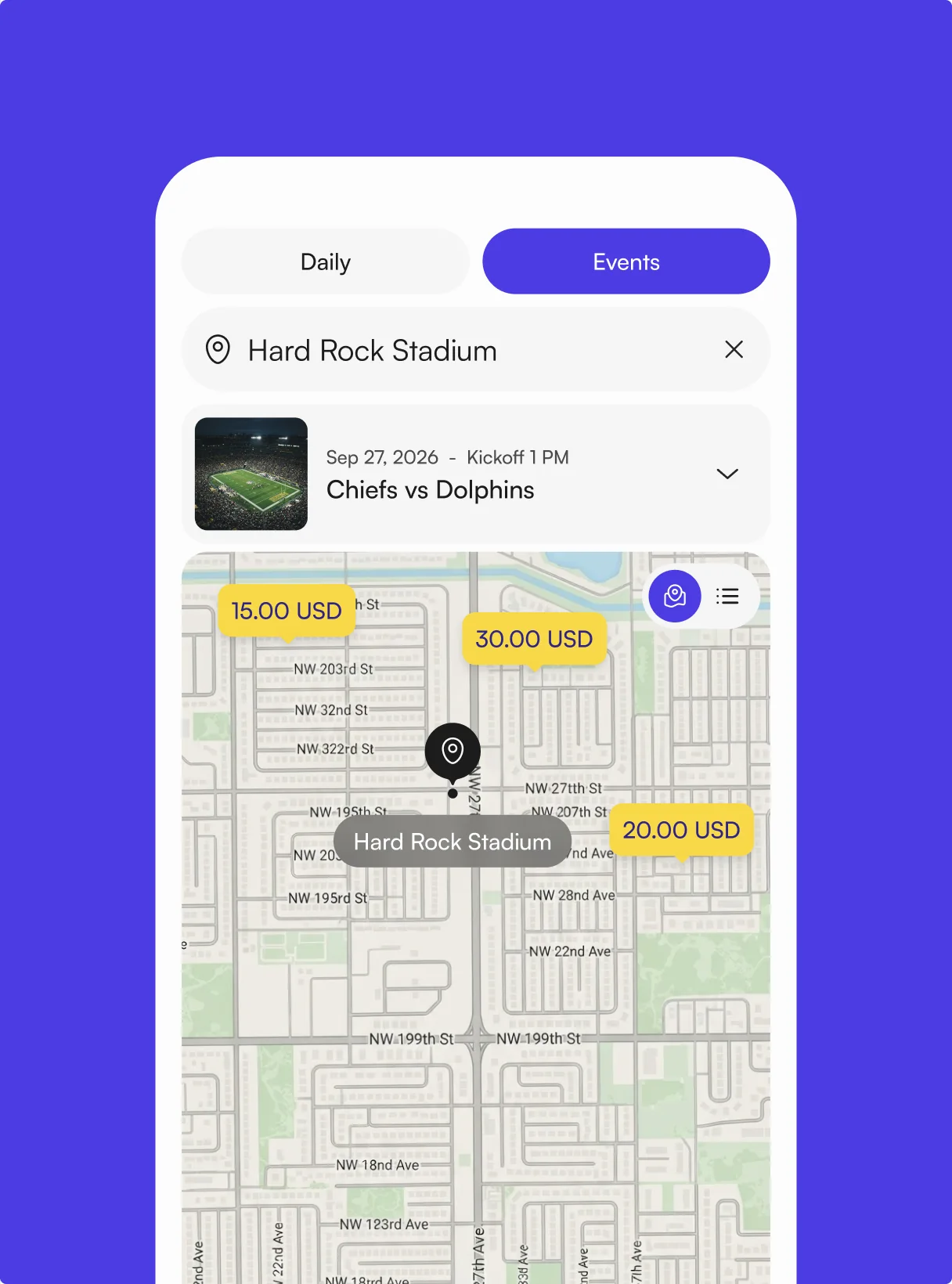 Event parking around Hard Rock Stadium for Chiefs vs Dolphins: tap the 30 dollar pin and Olivia’s Lot slides up