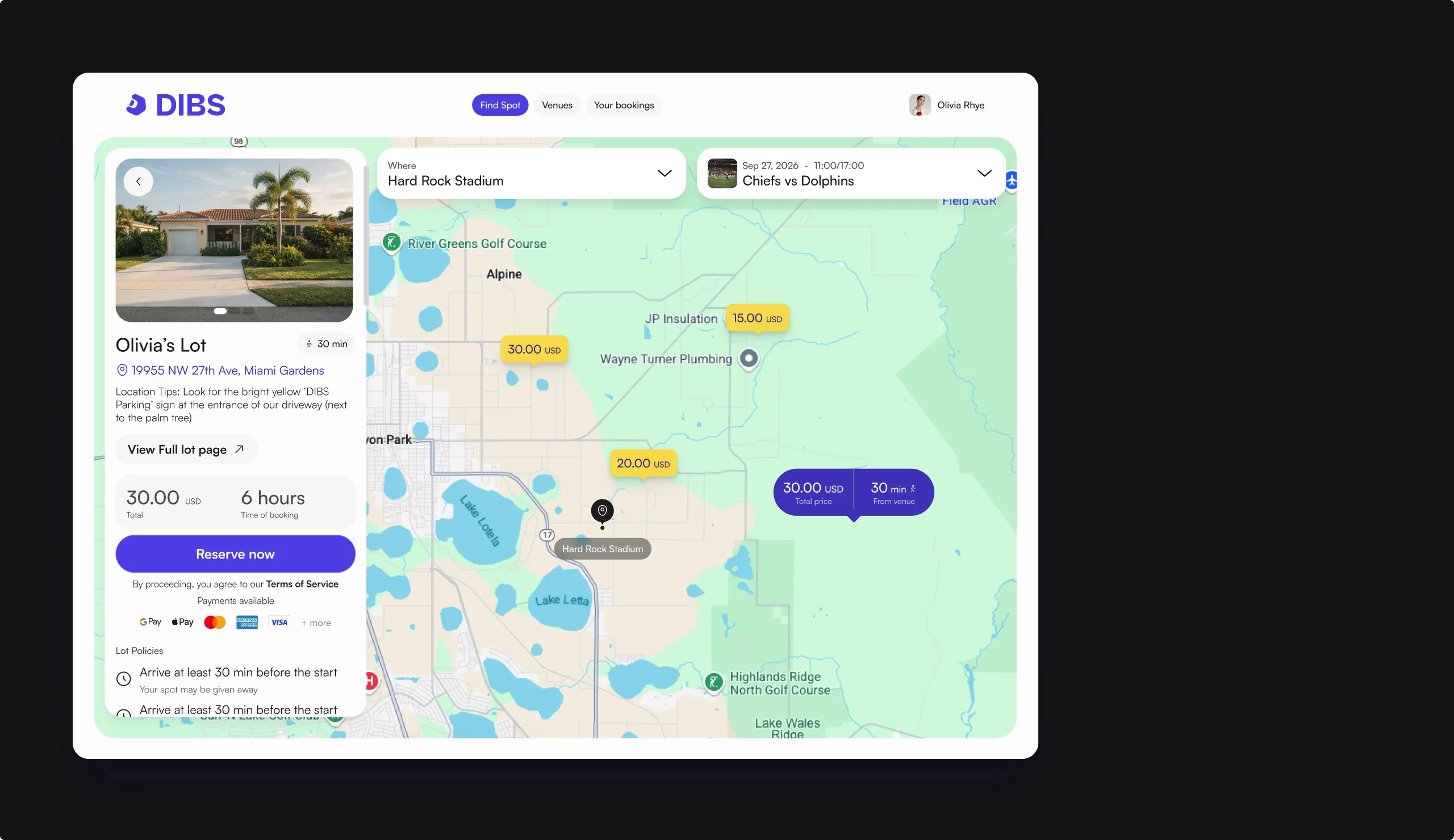 The web app: Olivia’s Lot selected on the map, then the checkout with the booking and the payment side by side