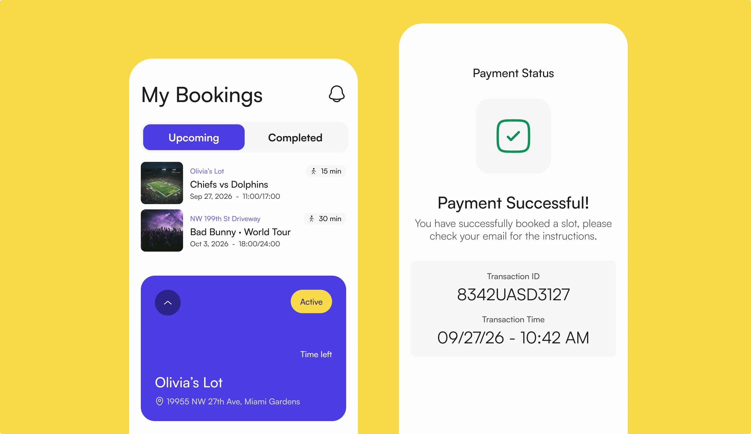 My Bookings with the live timer of the active booking, beside the payment confirmation