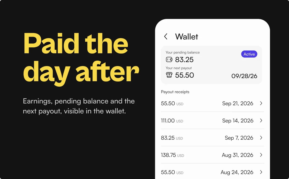 Paid the day after: the host wallet with pending balance, next payout and receipts