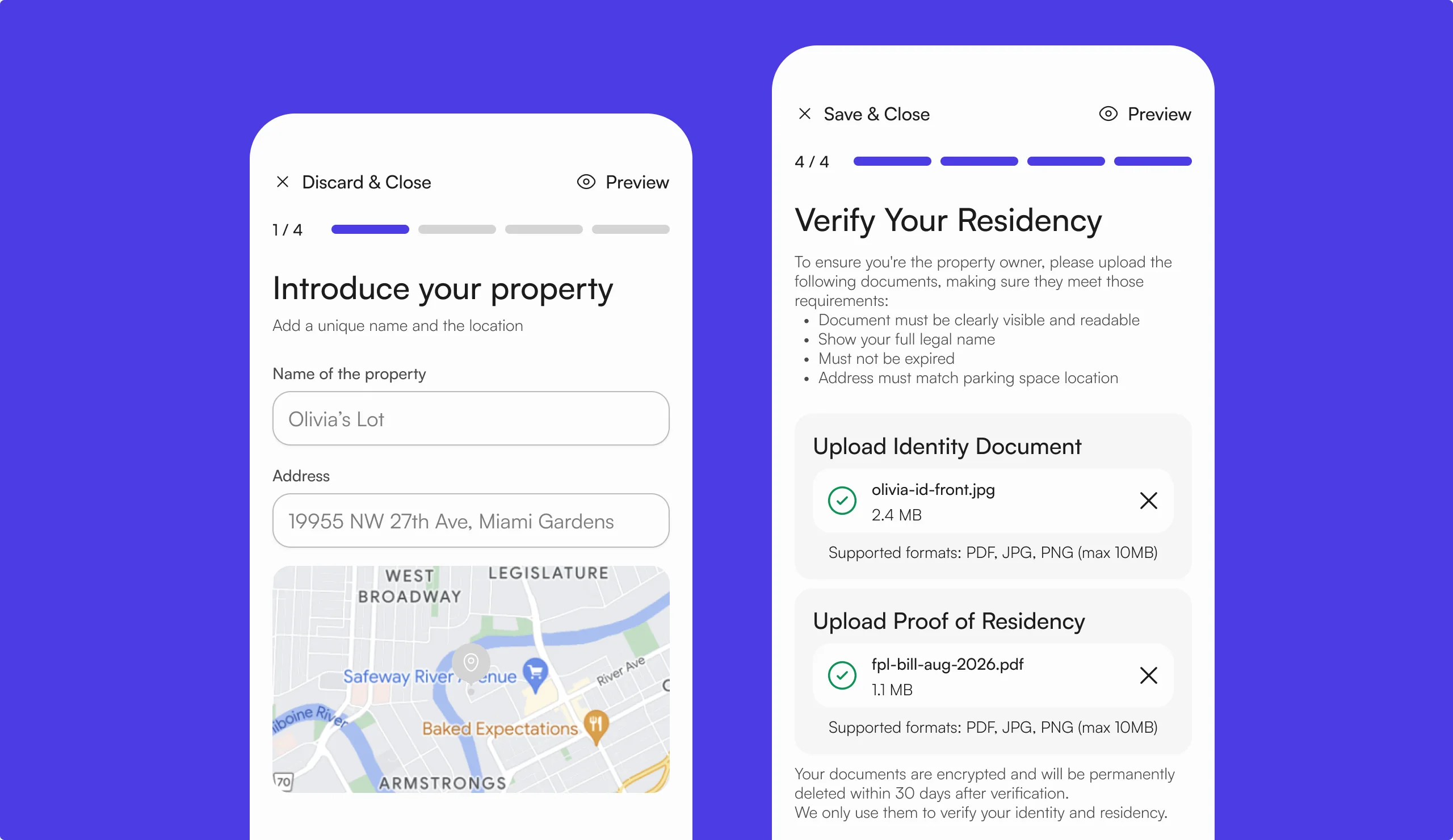 The property wizard: step one names Olivia’s Lot and pins it on the map; step four verifies identity and residency