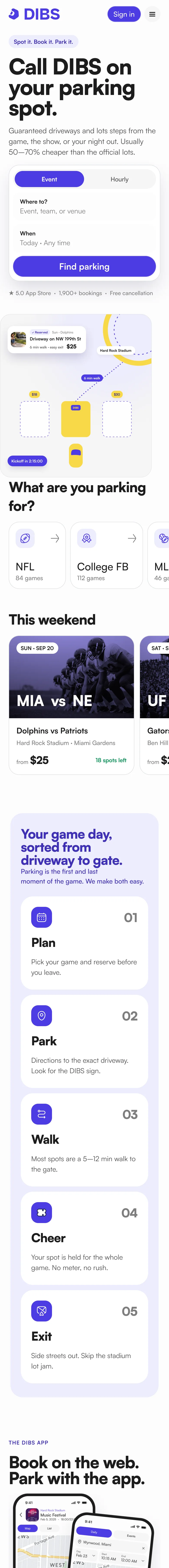 The DIBS homepage on a phone, from the search to the venues