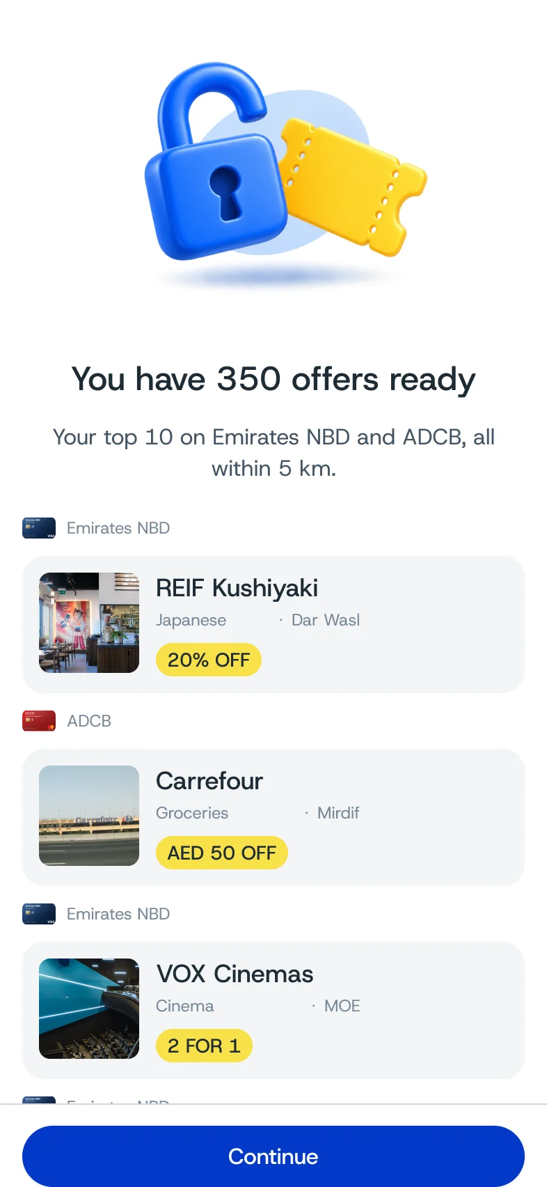 Onboarding complete: You have 350 offers ready, REIF Kushiyaki on Emirates NBD and Carrefour on ADCB first