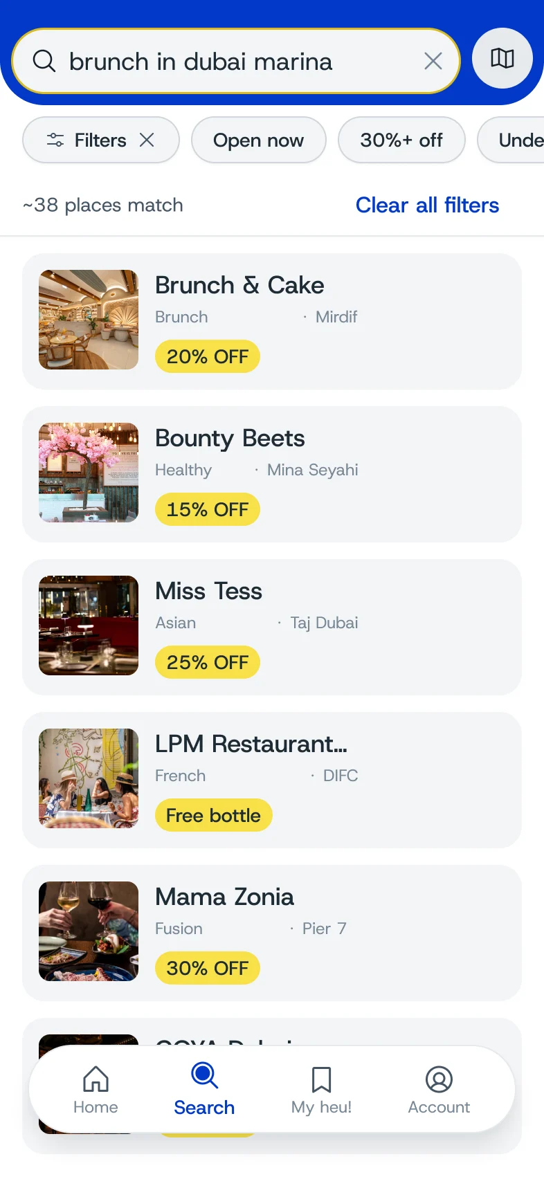 Results for brunch in Dubai Marina: Brunch & Cake, Bounty Beets, Miss Tess, LPM and Mama Zonia, each led by its offer