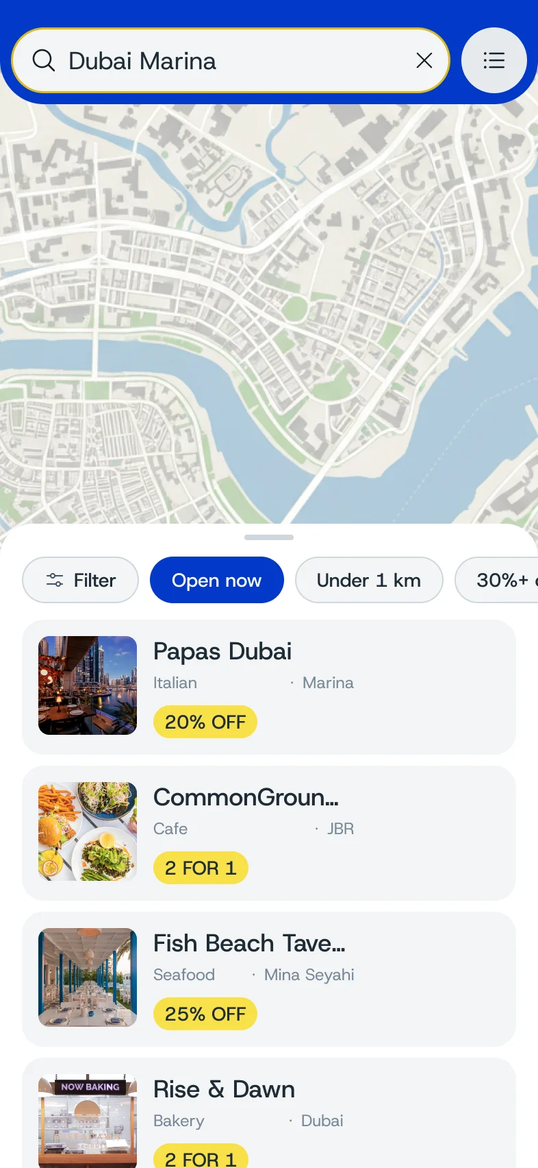 Map drawer at half height: Papas Dubai, CommonGrounds and Fish Beach Taverna with their offers