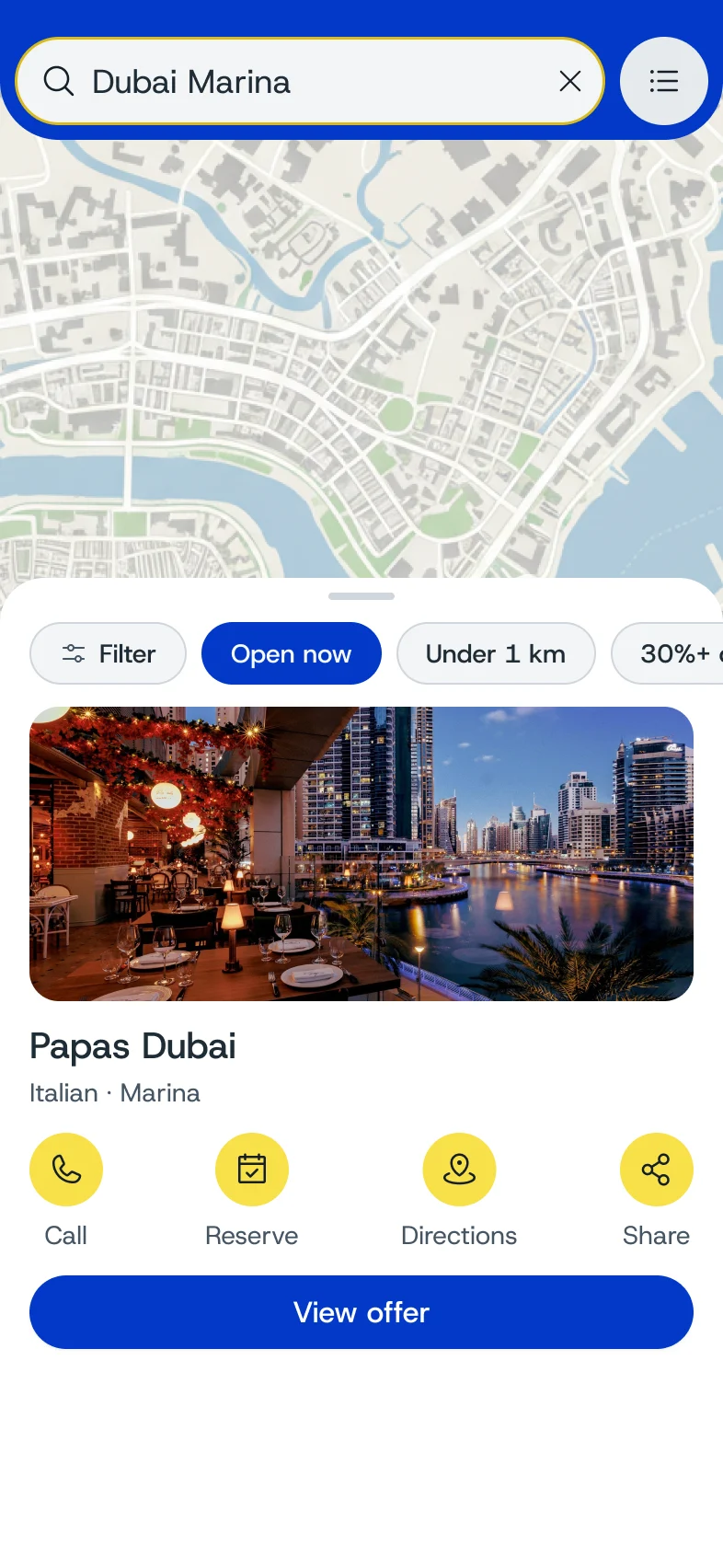 Dubai Marina on the map, a pin selected: Papas Dubai, Italian in the Marina, with Call, Reserve, Directions and View offer