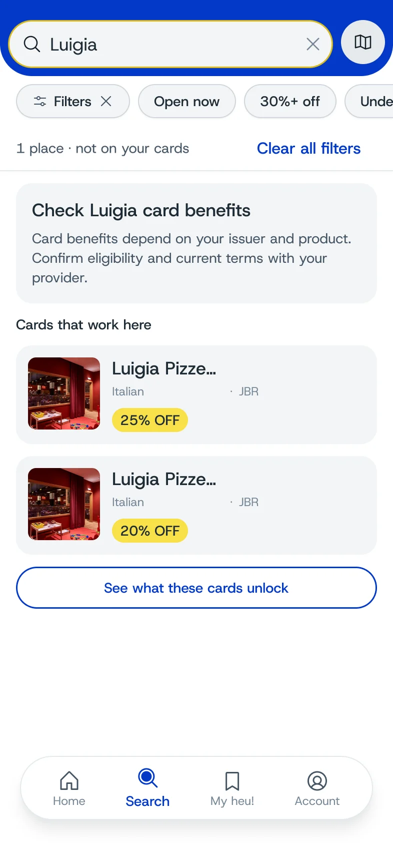 Searching Luigia: not on your cards, and the two cards that work there, 25% and 20% off