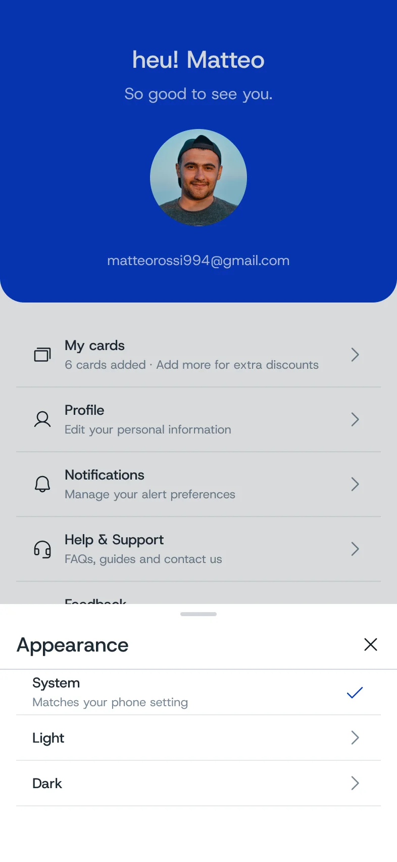 Account with the Appearance sheet: System, Light or Dark
