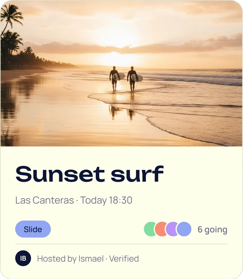 Feature card: sunset surf at Las Canteras, Slide tag, six going