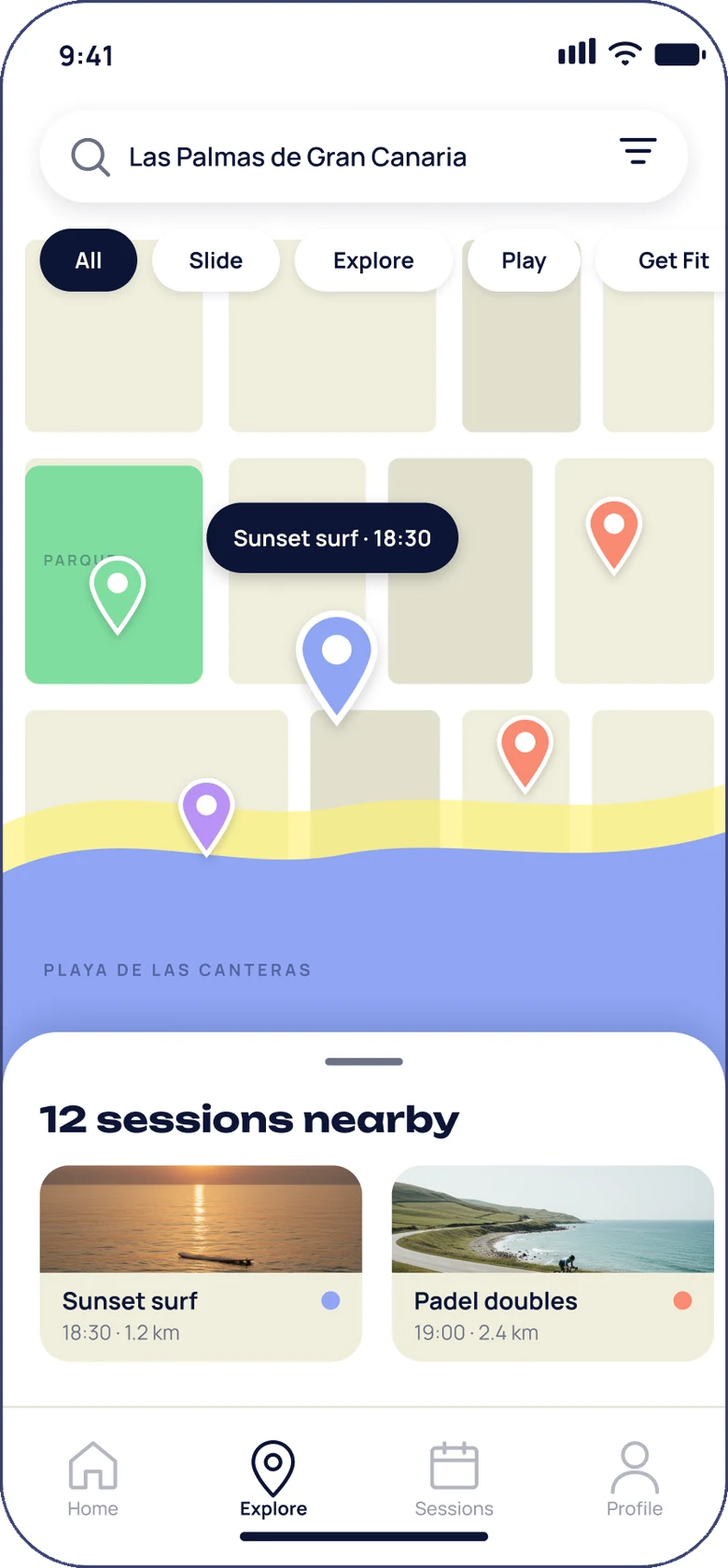 Explore map of Las Palmas with category pins and a sheet of sessions nearby