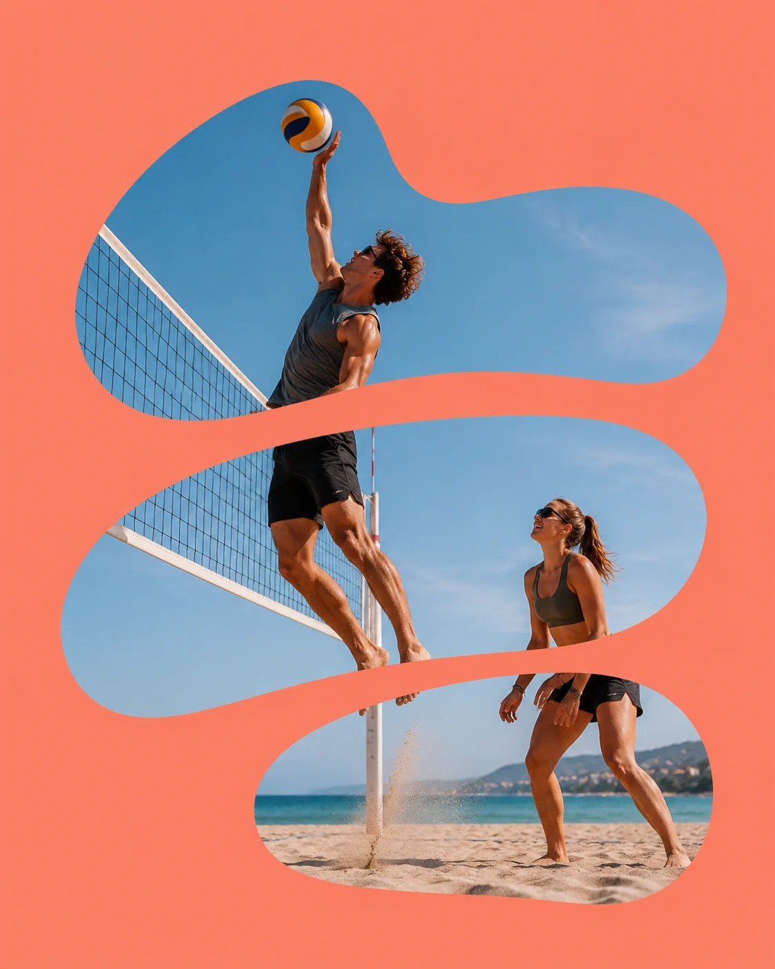 Two beach volley players cut into organic shapes on a flat coral ground