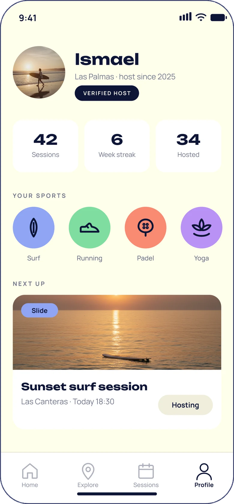 Profile screen: Ismael, verified host, sessions, streak and his four sports