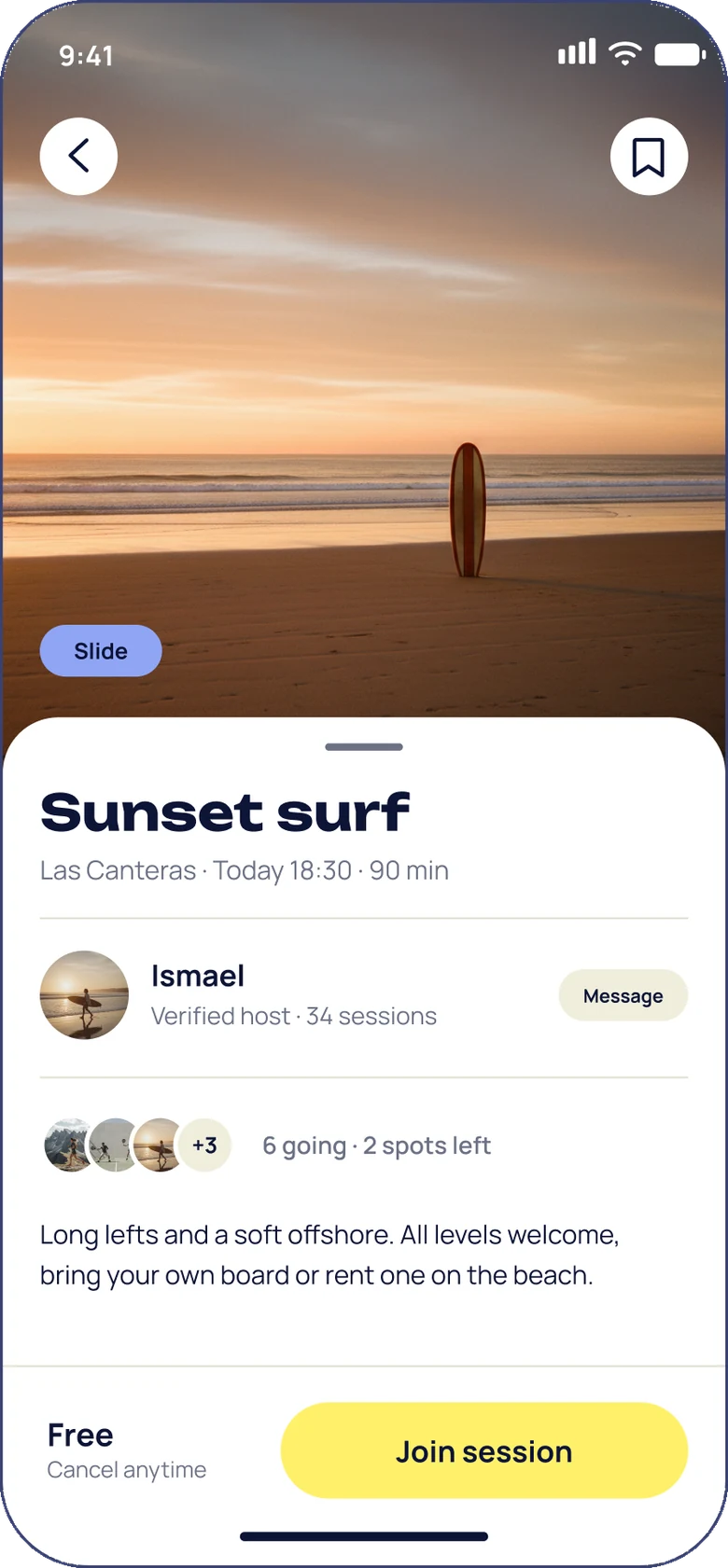 Session detail: sunset surf at Las Canteras, the host and a yellow Join session button
