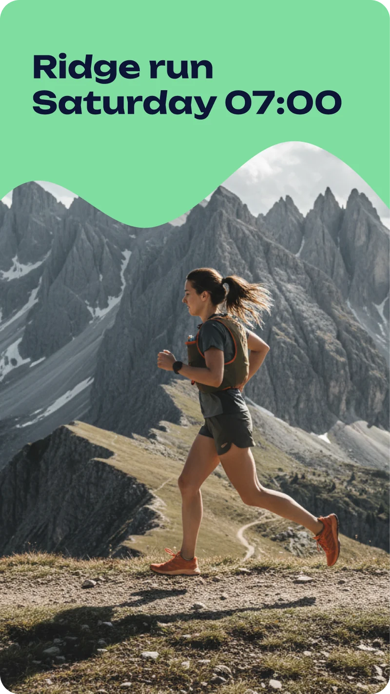 Instagram story template: Ridge run, Saturday 07:00, a trail runner cut onto an Explore green field