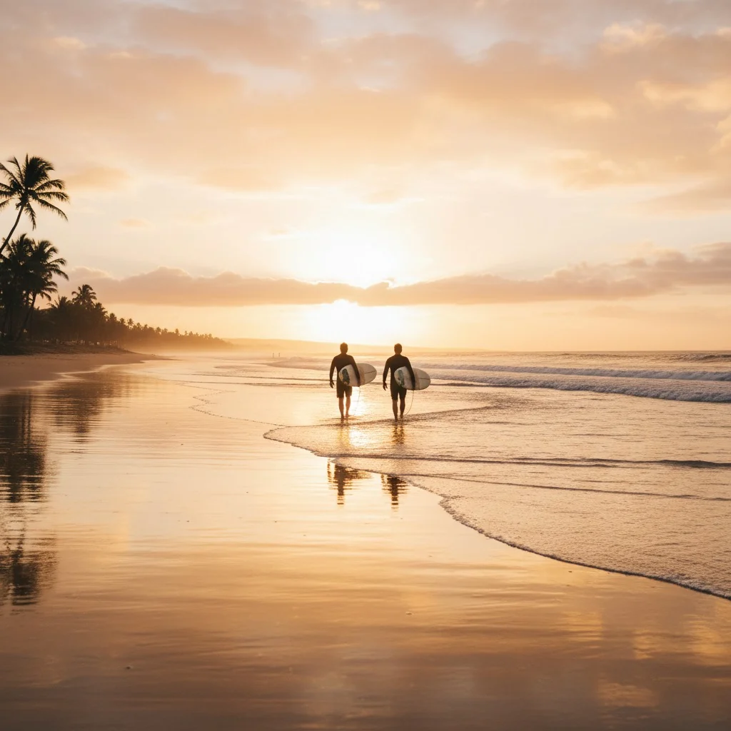 Two surfers walking along the shoreline at sunset, a yellow ribbon running behind them