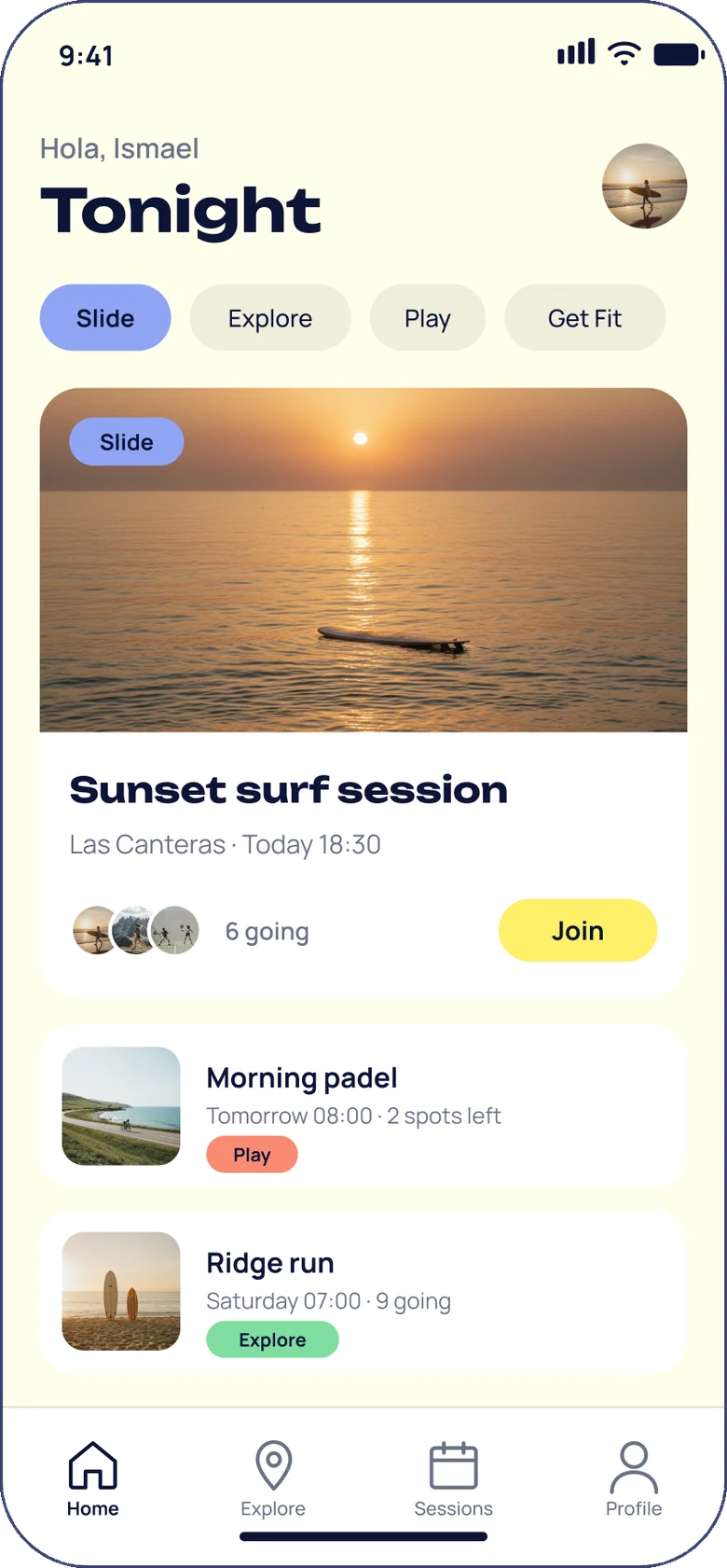 Tonight feed: category chips, a sunset surf session and two more sessions below