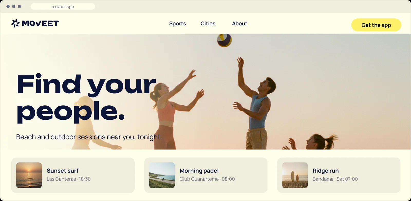 The Moveet website hero: Find your people, over a beach volley photo, with three session cards