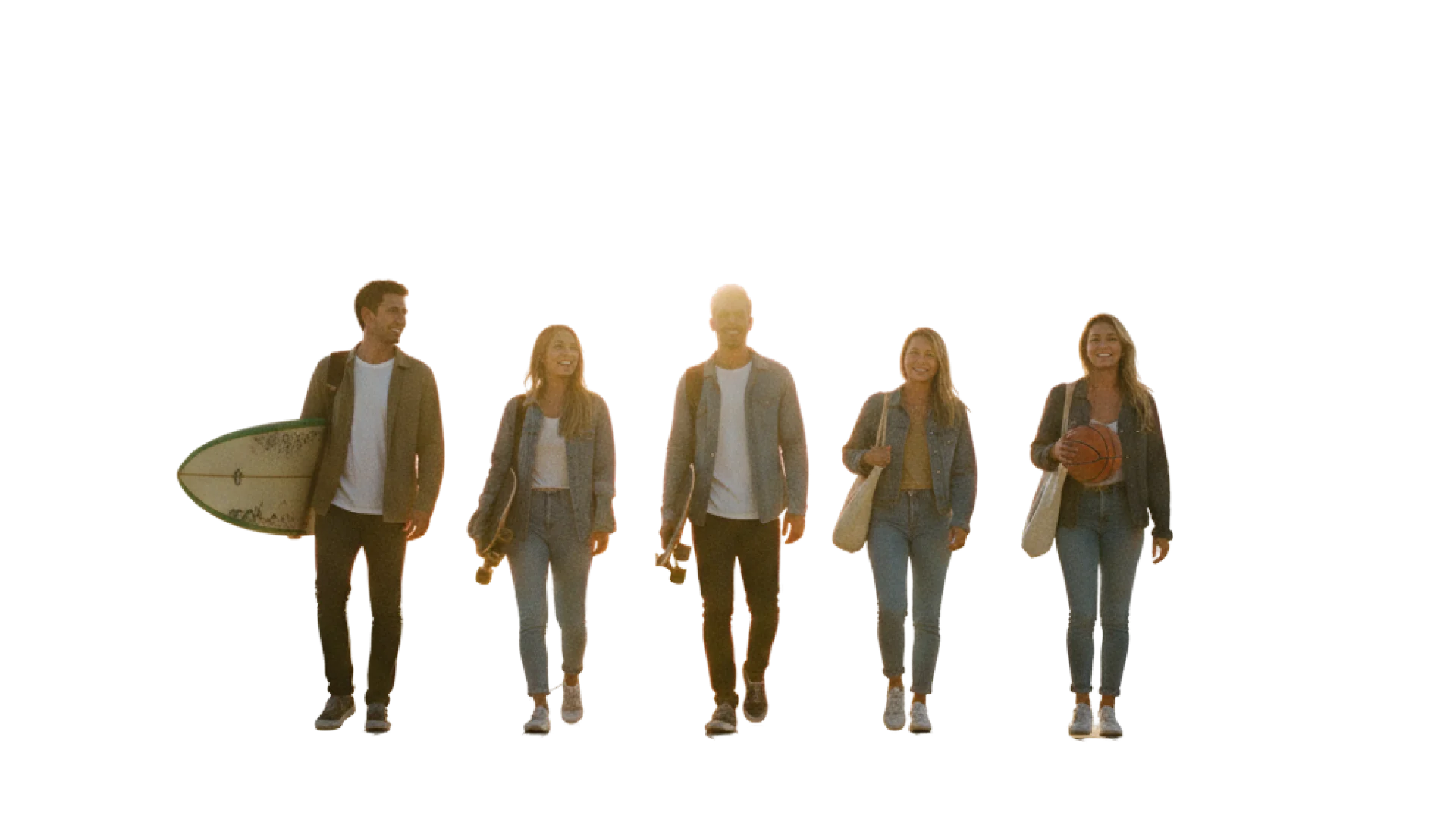 Five friends walking a seaside promenade at sunset with a surfboard, skateboards and a basketball