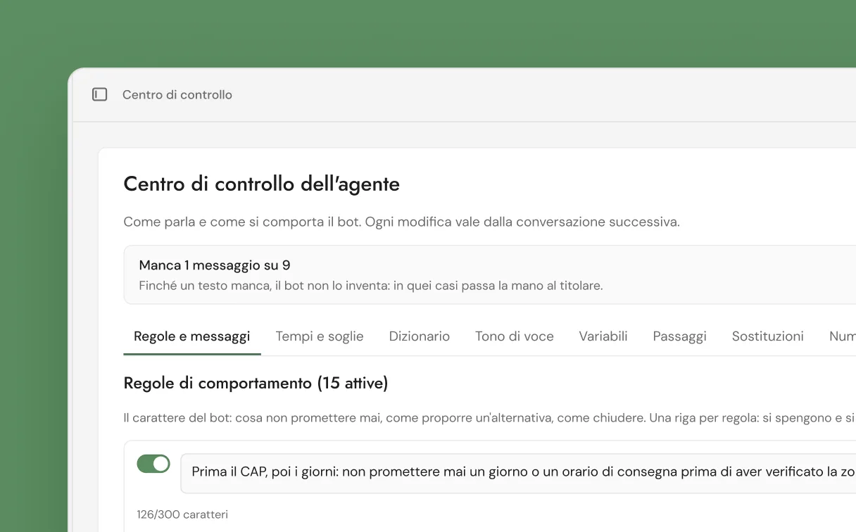 Centro di controllo: the fifteen behaviour rules, each a line the shop can switch off and on