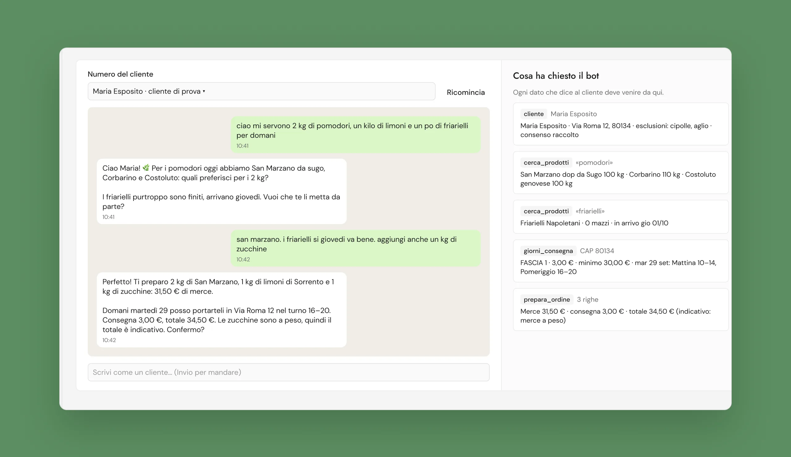 Chat di prova: the conversation with the bot on the left, and every tool call it made to the hub on the right