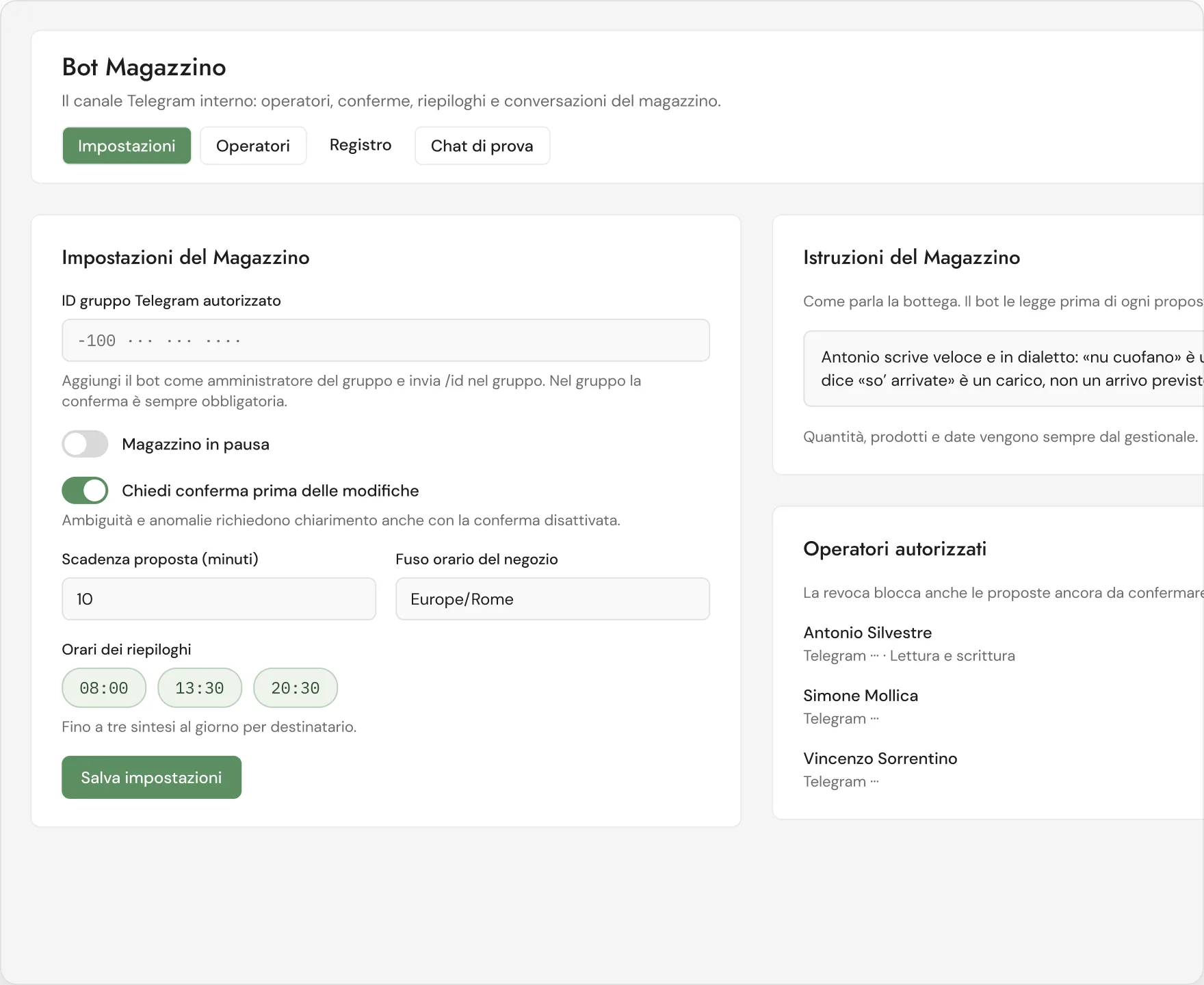 Bot Magazzino settings in the hub: the authorised Telegram group, confirmation before any change, proposal expiry, time zone, the three summary times, the shop’s instructions and the authorised operators