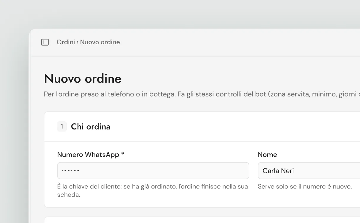Nuovo ordine, for phone and in-store orders, with the same checks as the bot
