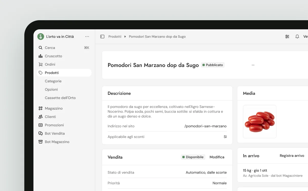 A product card on the tablet: description, media, formats and stock