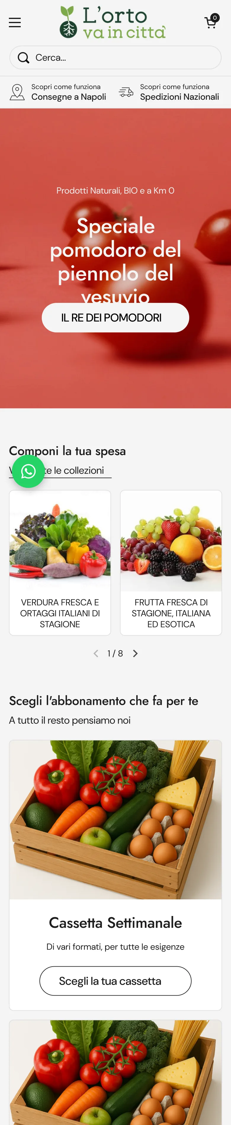 The Shopify site on a phone: header, search, the tomato hero and the categories