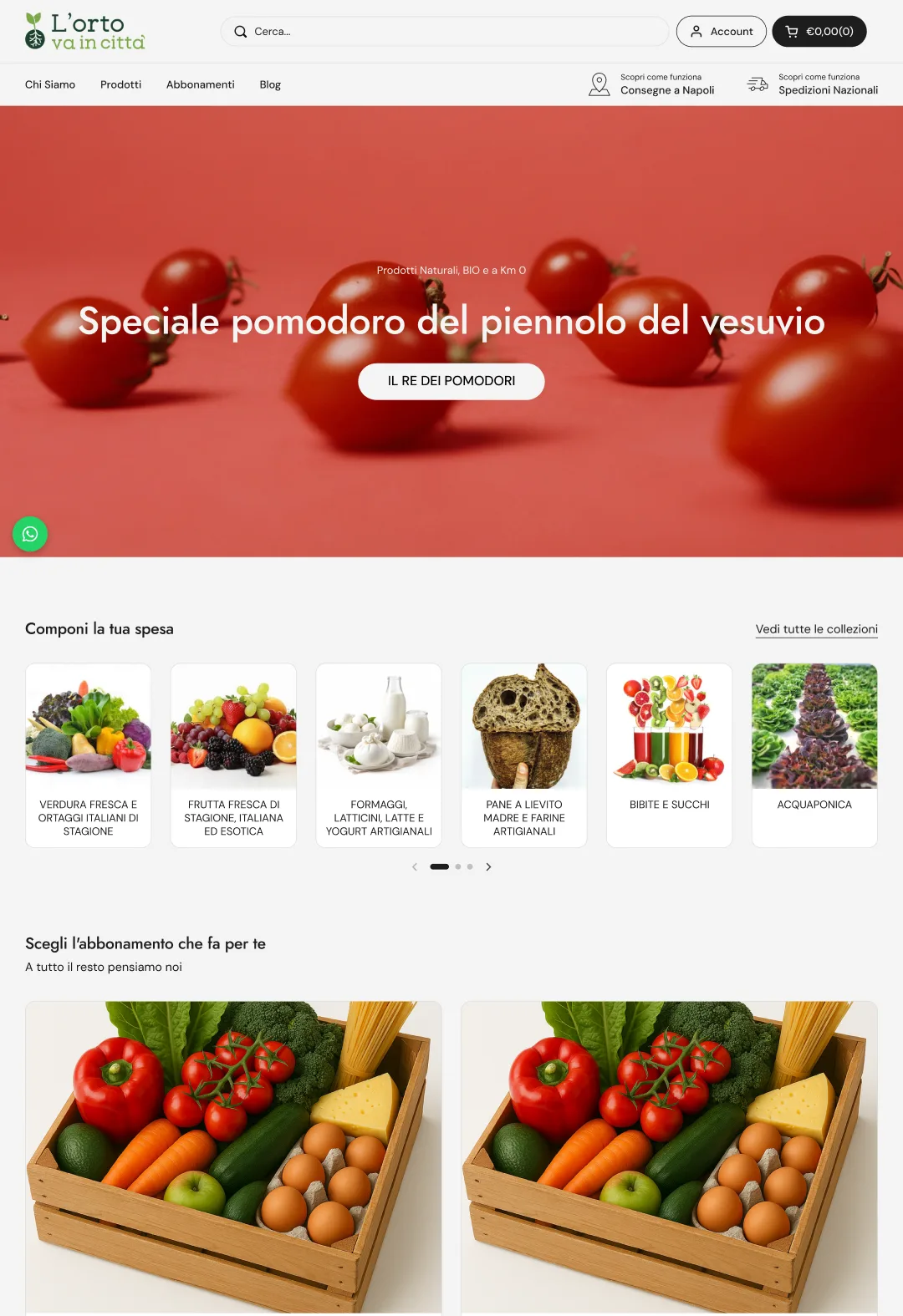 The shop’s Shopify site, ortovaincitta.it: header, the tomato hero, the categories and the box subscriptions