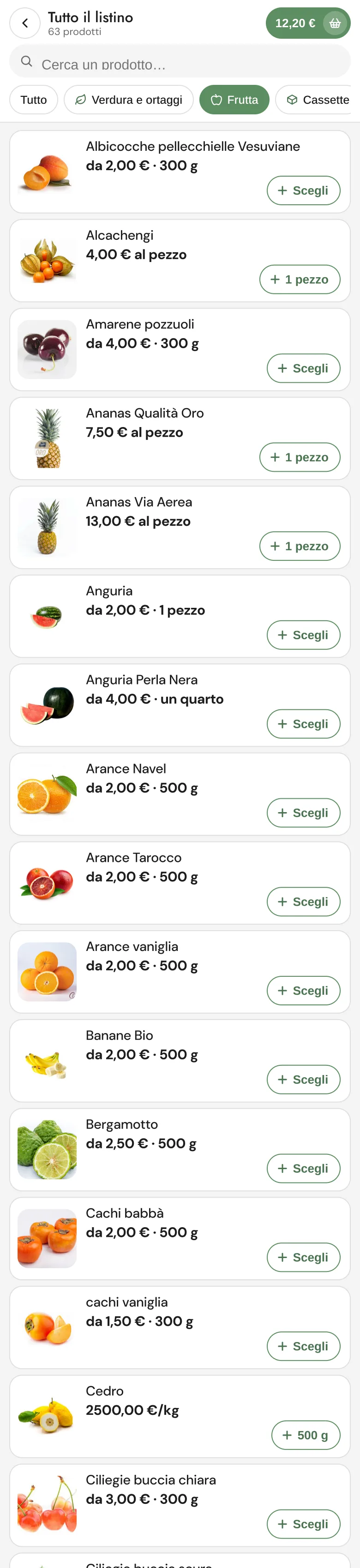 The storefront list on a phone: search, category chips with Frutta selected, products with their price and the add buttons