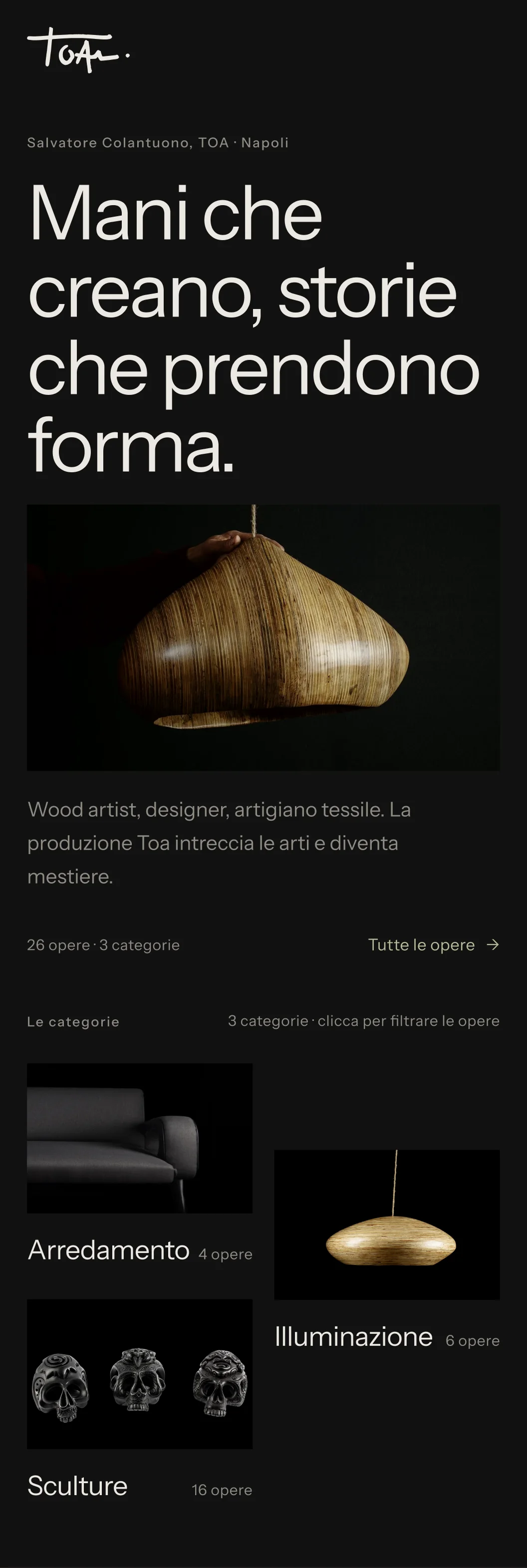 TOA home page on a phone: statement and categories
