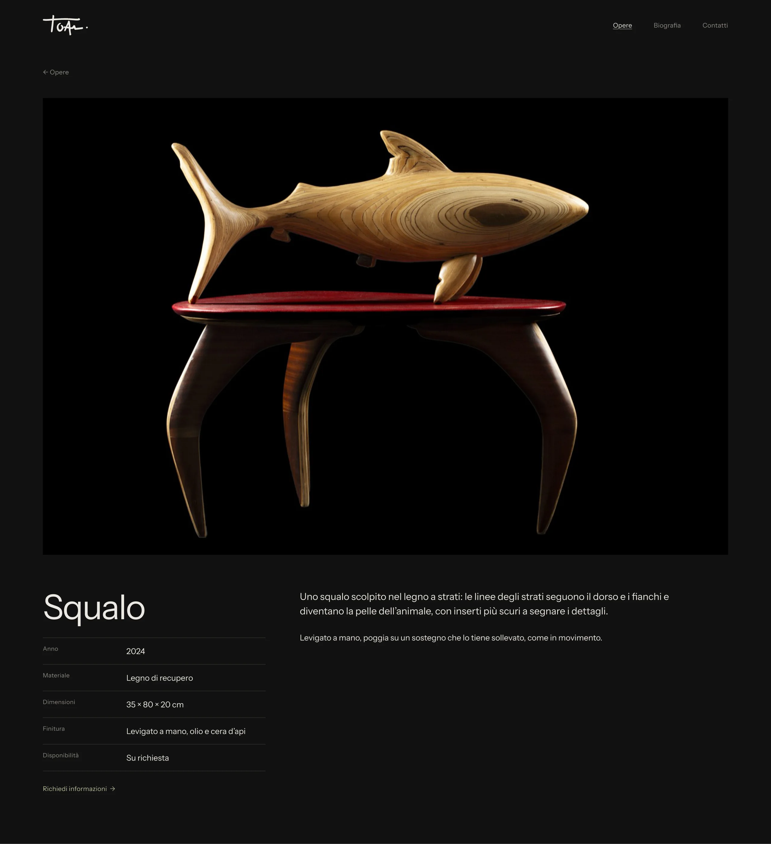 Single work page for Squalo: the photograph, then the specs and the description